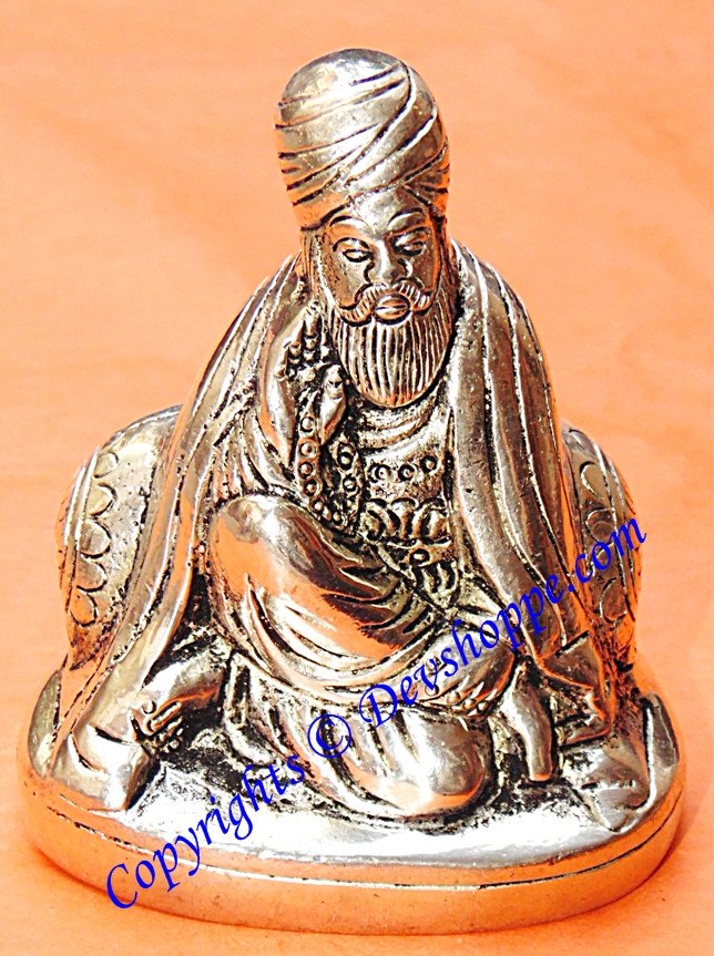 Guru Nanak Dev idol in Panch dhatu, seated figure with turban and ornate robes