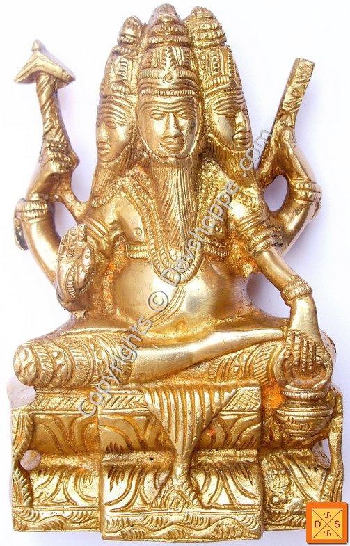 Brass Lord Brahma idol, seated with multiple arms and ornate detailing