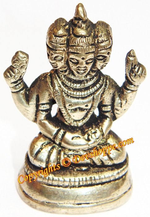 Lord Kartikeya idol in panchdhatu with raised hands, gold-toned metal finish