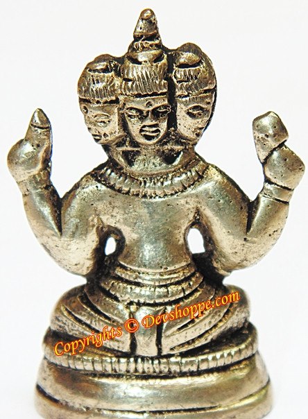 Lord Kartikeya idol in panchdhatu with raised hands, gold-toned metal finish