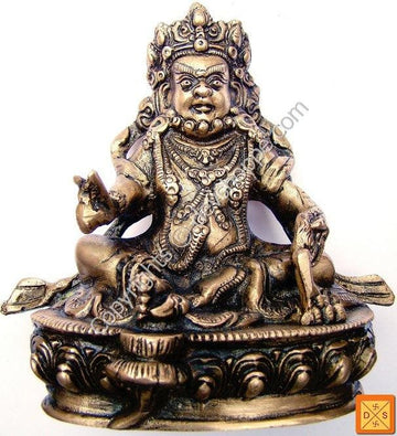 Lord Kuber brass idol with antique finish, seated with crown and raised hands