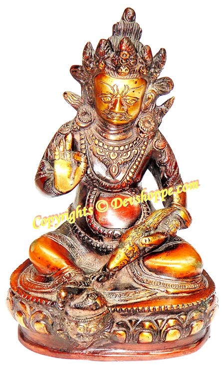 Lord Kubera hand-painted brass idol, seated multi-armed figure with gold details