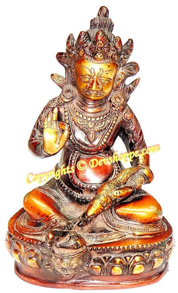 Lord Kubera hand-painted brass idol, seated multi-armed figure with gold details