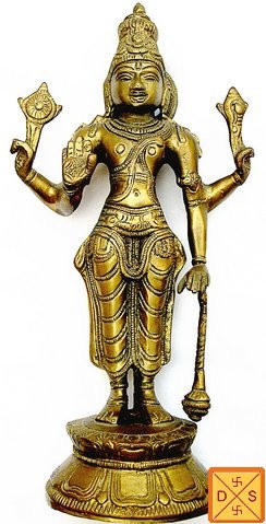 Antique brass Lord Vishnu idol, standing with raised hands and decorative ornaments