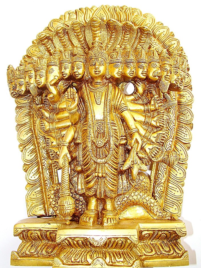 Brass Lord Vishnu Virat Swaroop statue, seated with ornate halo of faces