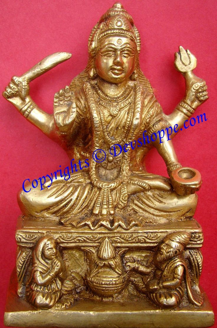 Maa Santoshi brass idol, seated figure with raised hands and decorative detailing
