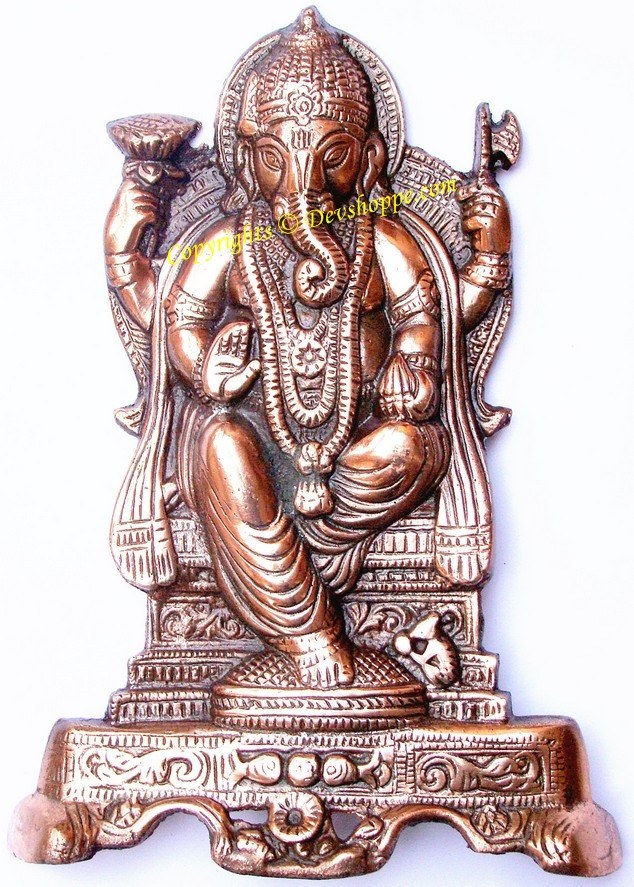Ganesha sitting wall hanging statue, ornate bronze-tone design with raised trunk