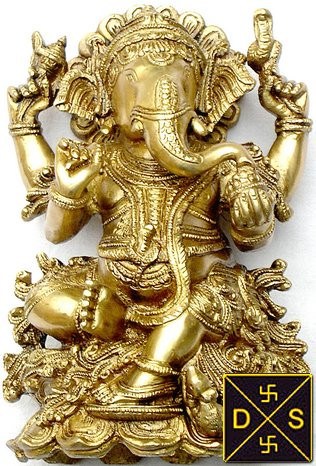 Lord Ganesha eating modak figurine, golden seated pose with modak in hand