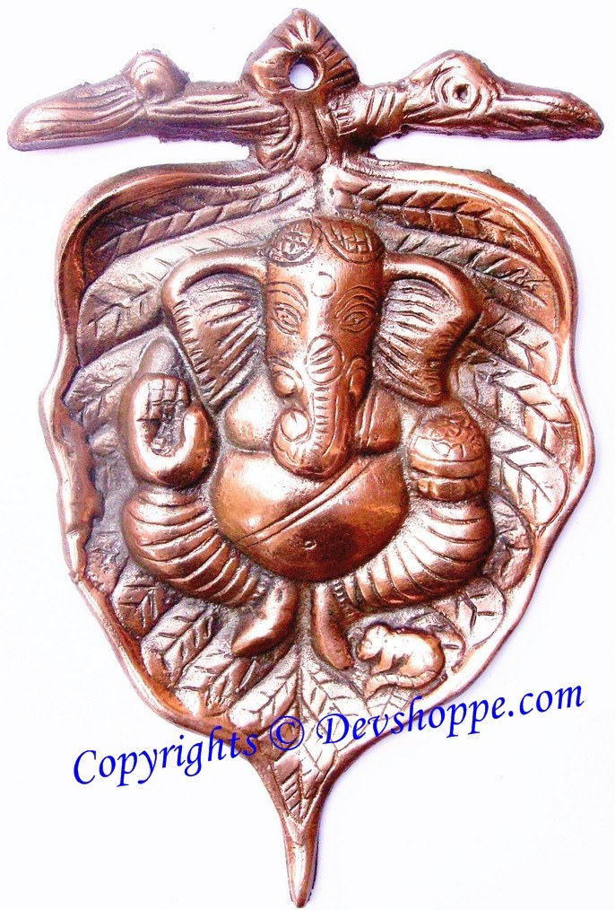 Peepal Ganesha wall hanging, embossed Ganesha under peepal leaves, copper-brown
