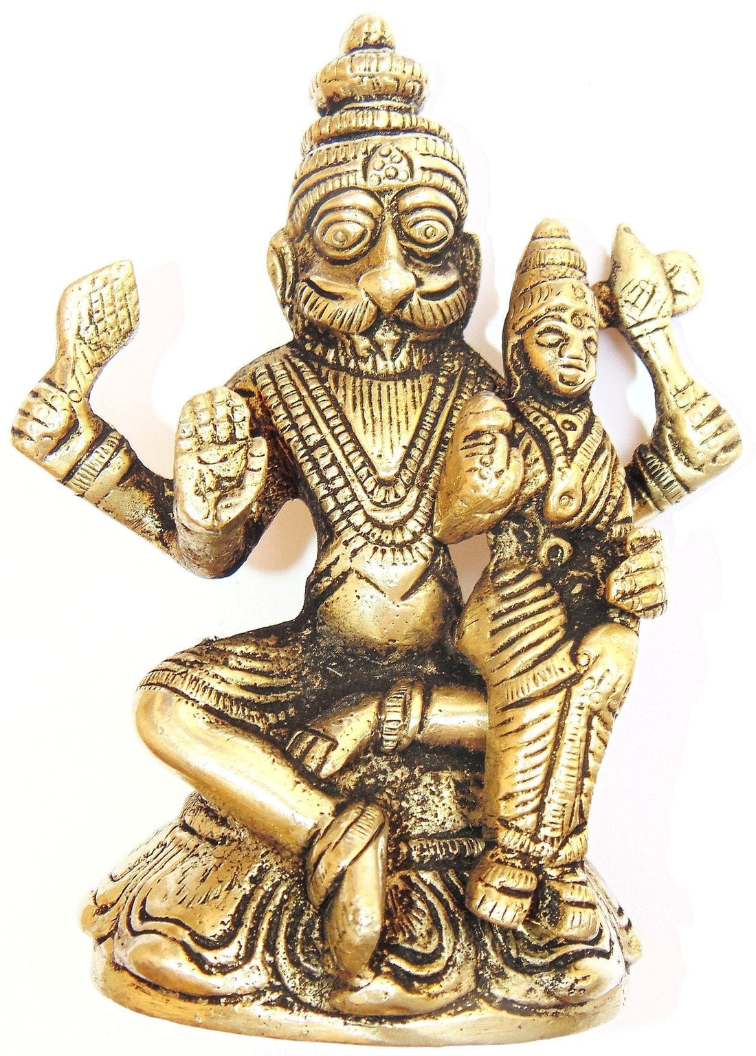 Panchdhatu idol of seated Sri Lakshmi Narasimha with raised arms, detailed face