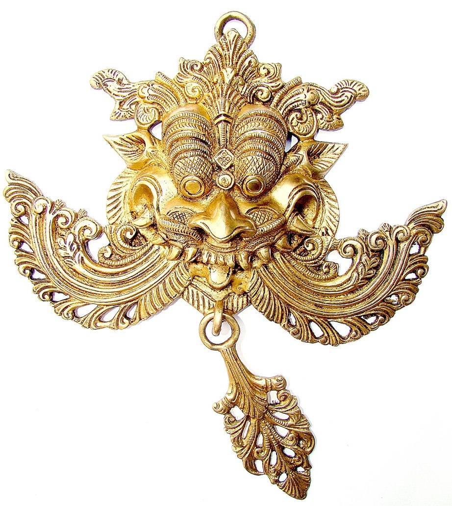 Brass door knocker face, ornate Ganesha-style, gold finish