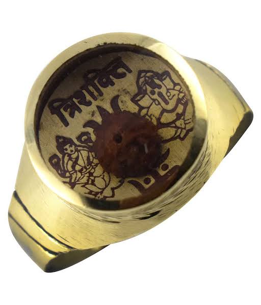 Brass Lakshmi Ganesha ring with dark Rudraksha inside, engraved center