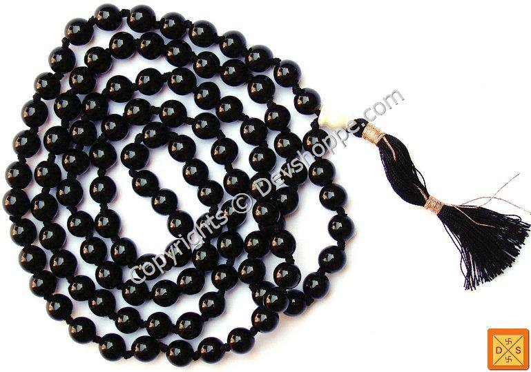 Black onyx mala necklace with round beads and dark tassel