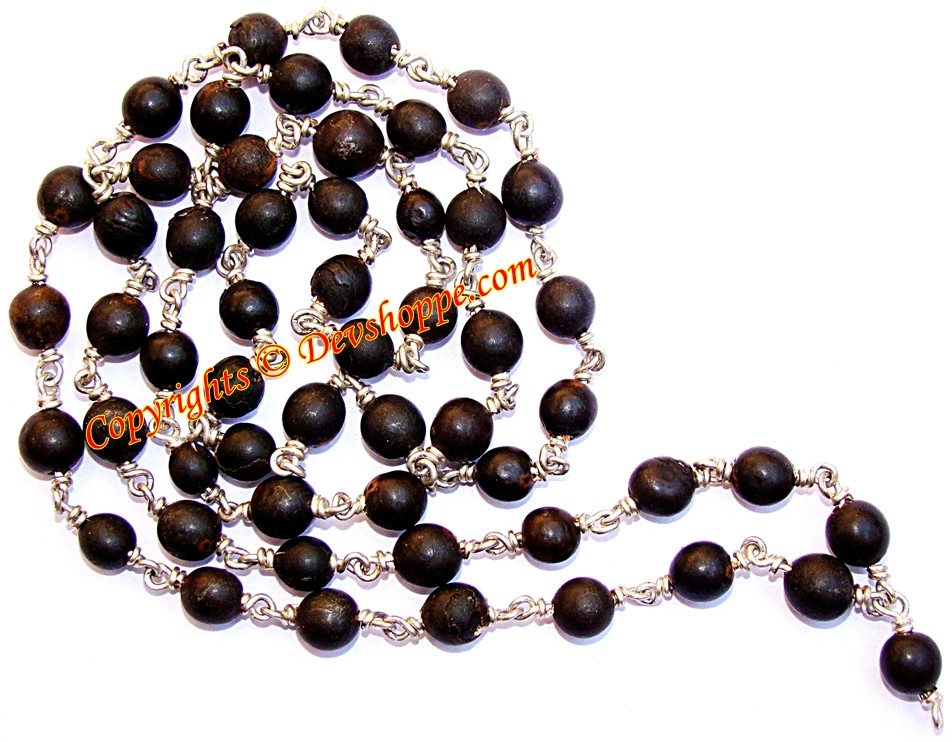 Vaijanti mala with dark beads, pure silver links, and long beaded strand end