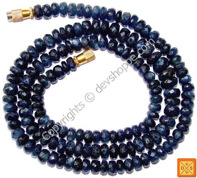 Blue sapphire faceted bead mala bracelet with gold-tone clasp spacer beads