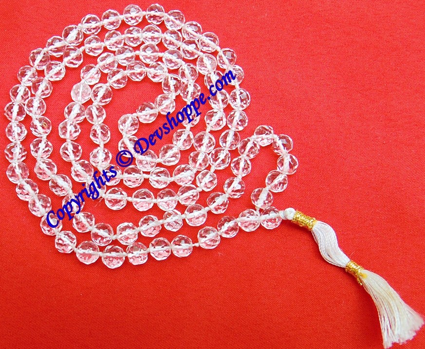 High grade Sphatik mala, diamond-cut clear beads with white tassel