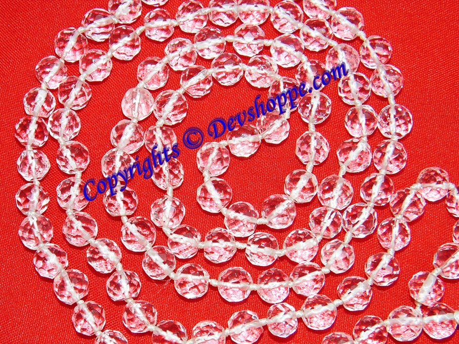 High grade Sphatik mala, diamond-cut clear beads with white tassel