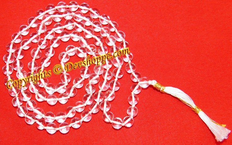 Crystal quartz mala with clear oval beads and white tassel, natural stone prayer necklace