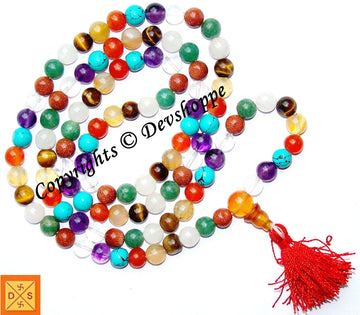 Chakra prayer beads mala with multicolor round stones and red tassel