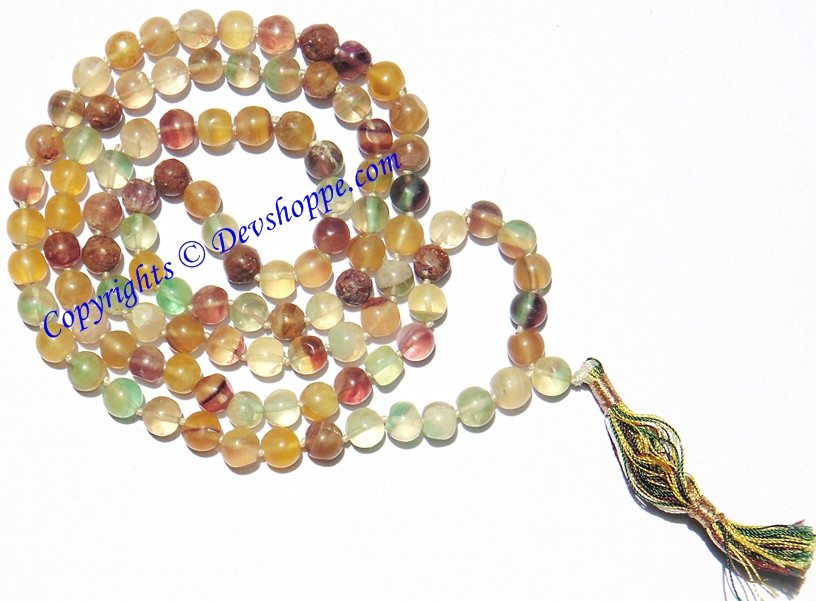 Fluorite mala necklace with round multicolor beads and tassel