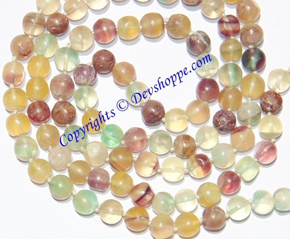 Fluorite mala necklace with round multicolor beads and tassel