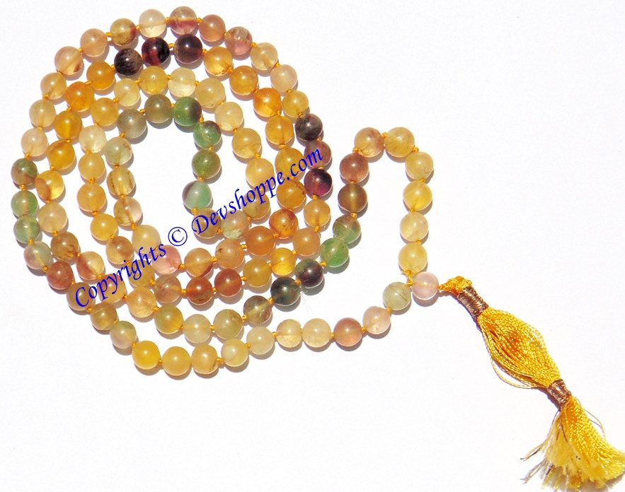 Fluorite mala: round yellow-green beads with gold tassel