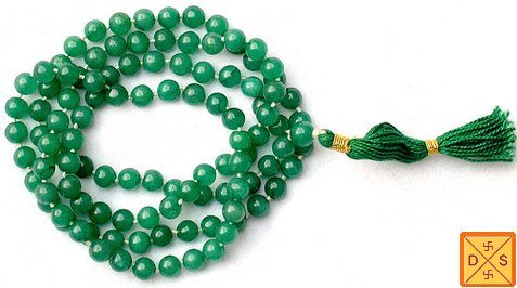 Green agate mala with round green beads and dark green tassel