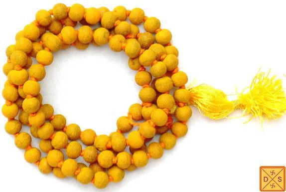 Natural turmeric bead mala necklace with round yellow beads and yellow tassel