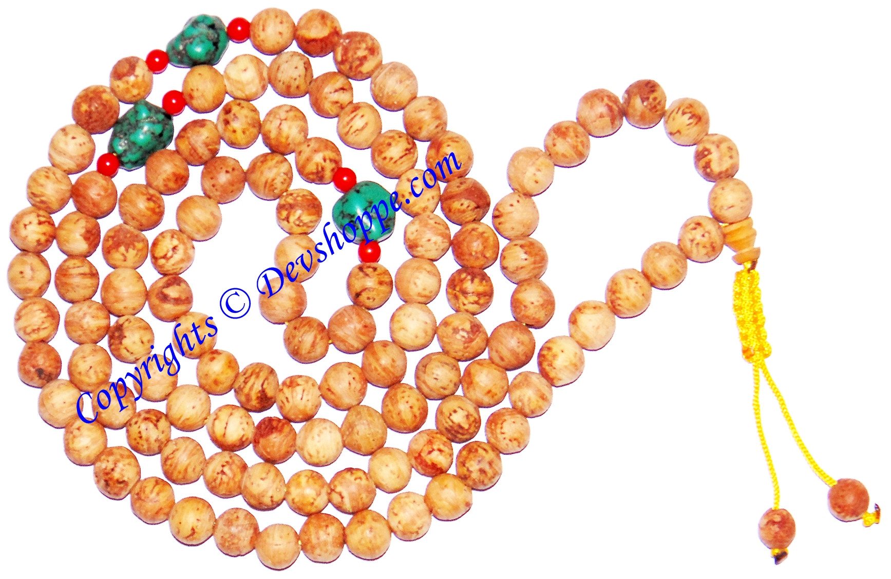Handmade bodhi seed mala with orange-brown beads, turquoise and red accents, tassel