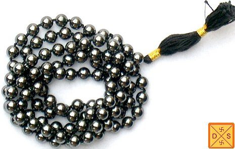 Hematite mala bead necklace with dark metallic round beads and gold tassel