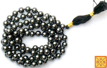 Hematite mala bead necklace with dark metallic round beads and gold tassel