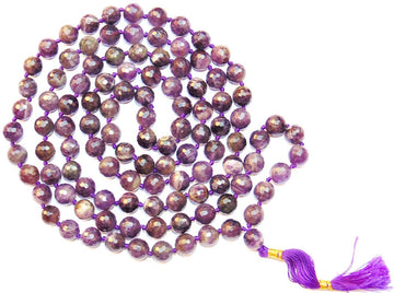Amethyst mala necklace with faceted dark purple 10 mm beads and purple tassel
