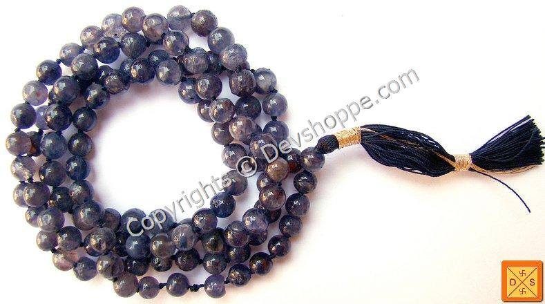 Iolite mala necklace with purple-blue stone beads and navy tassel