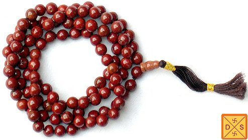 Jasper mala gemstone bead necklace with dark red round beads and tassel