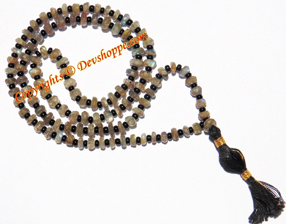 Labradorite faceted beads mala with dark tassel and knotted bead spacers