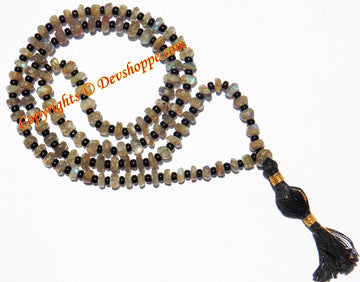 Labradorite faceted beads mala with dark tassel and knotted bead spacers