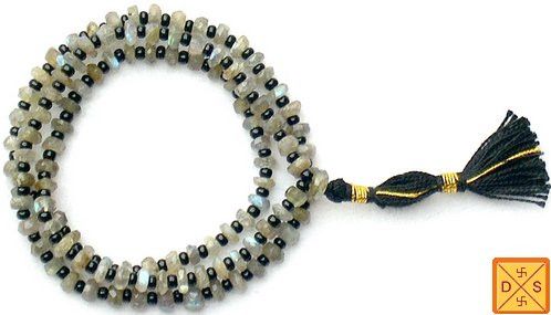 Labradorite faceted beads mala, round strand with iridescent beads and tassel