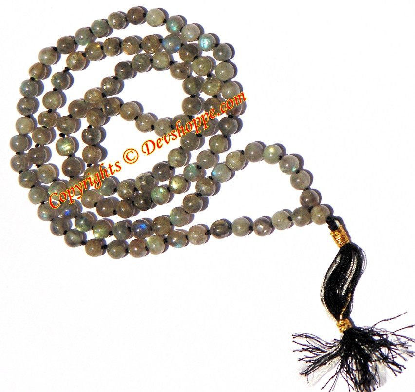 Labradorite mala with round dark olive-brown beads and black tassel