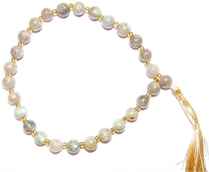 Labradorite wrist mala: round bead bracelet with gold spacers and small tassel