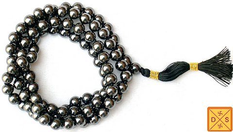 Magnetic bead mala necklace with dark gray/black beads and tassel, for neck pain relief