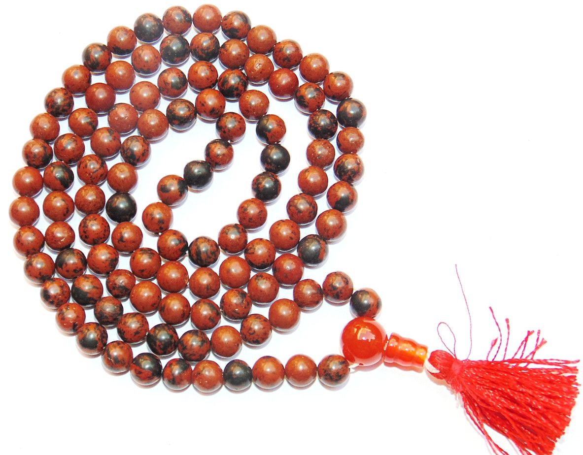 Mahogany obsidian Buddhist-style mala: round beads, orange tassel, bead necklace