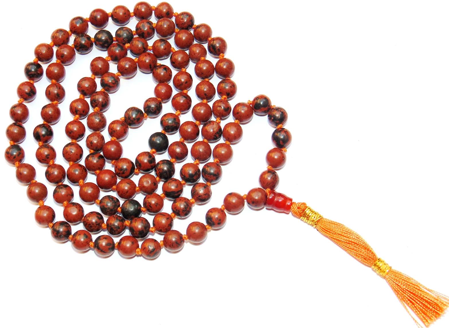 Mahogany obsidian mala bead bracelet with orange tassel, red and black stone beads