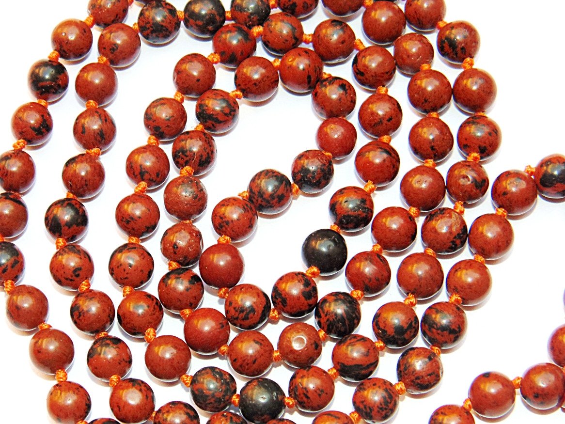 Red-brown mahogany obsidian beads with dark speckling, round mala strands