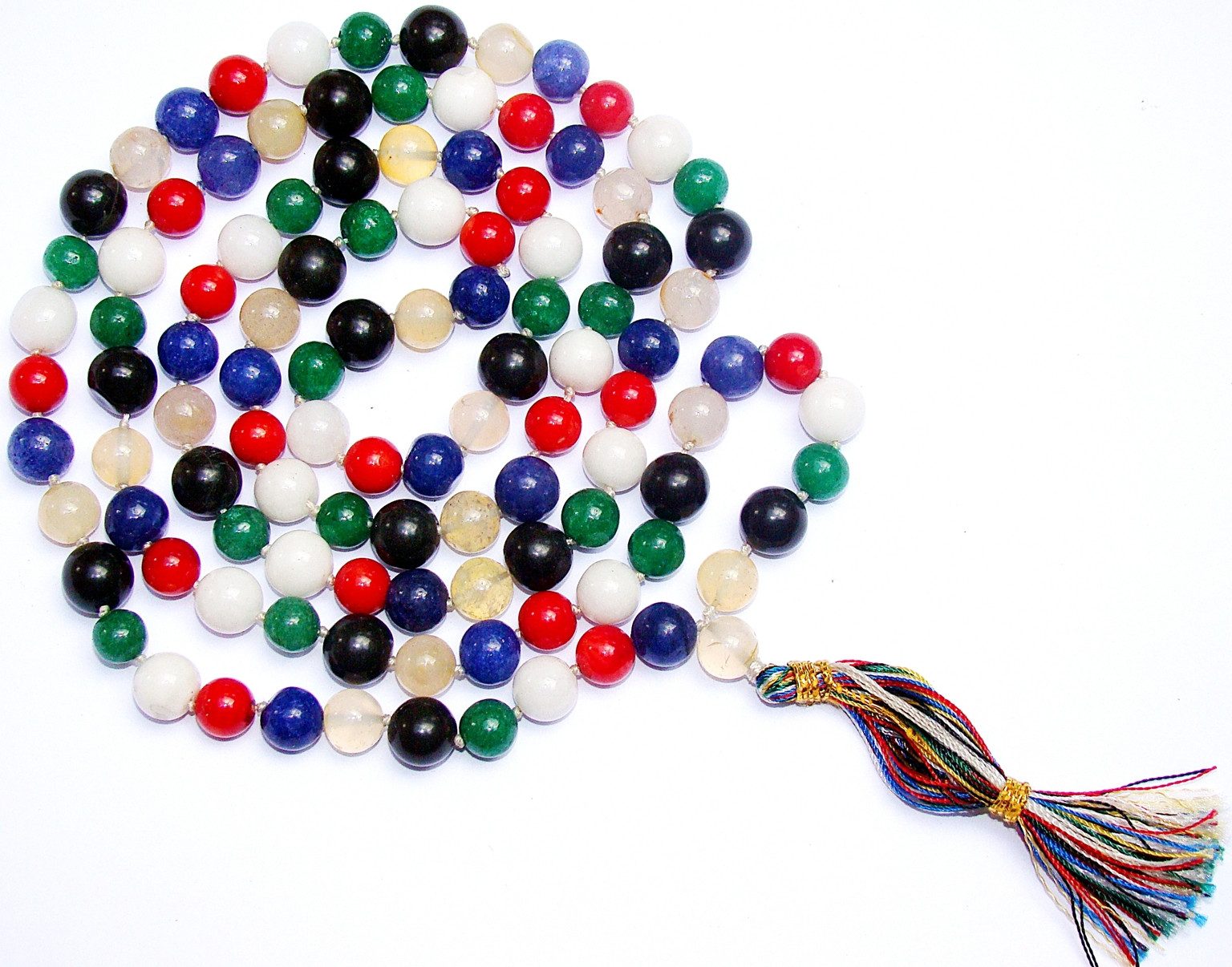 Mixed Agate mala with multicolor stone beads and braided tassel