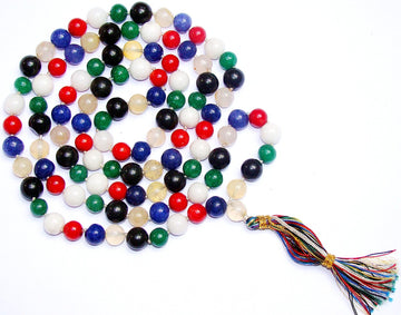 Mixed Agate mala with multicolor stone beads and braided tassel
