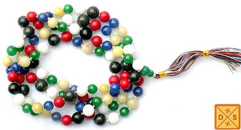 Mixed Agate mala with round strand of multicolor stone beads and tassel