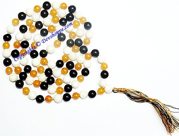 Hakik mala with white, yellow & black agate beads, knotted tassel