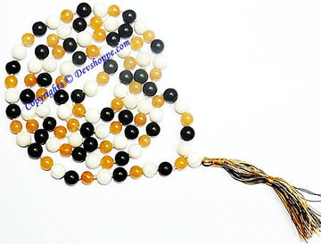 Hakik mala with white, yellow & black agate beads, knotted tassel