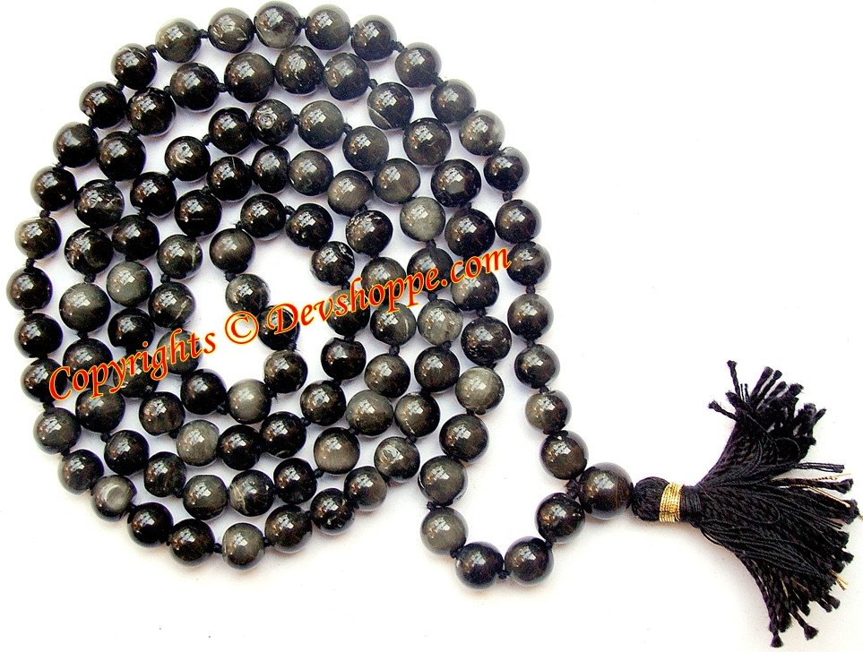 Cat’s eye mala necklace with dark round beads and black tassel