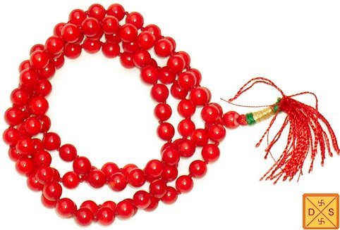 Red coral mala necklace with round red beads and tassel